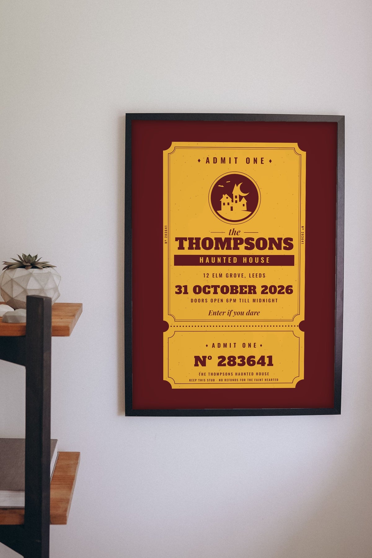 Personalised Haunted House Ticket Print - haunted house ticket print in a hallway