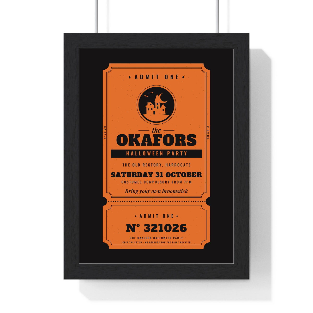 Personalised Haunted House Ticket Print - framed pumpkin on black version