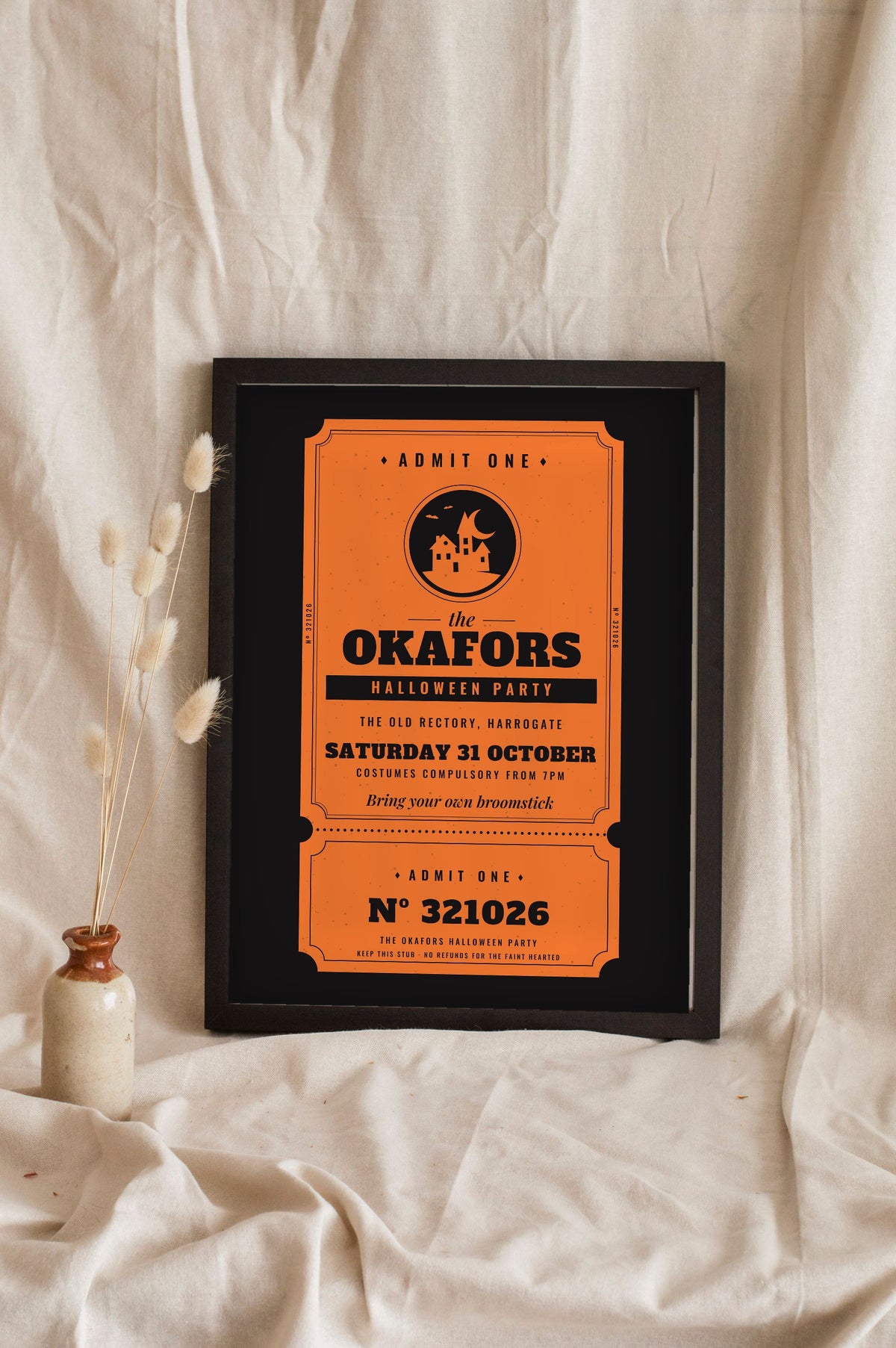 Personalised Haunted House Ticket Print - pumpkin on black party version leaning in a frame