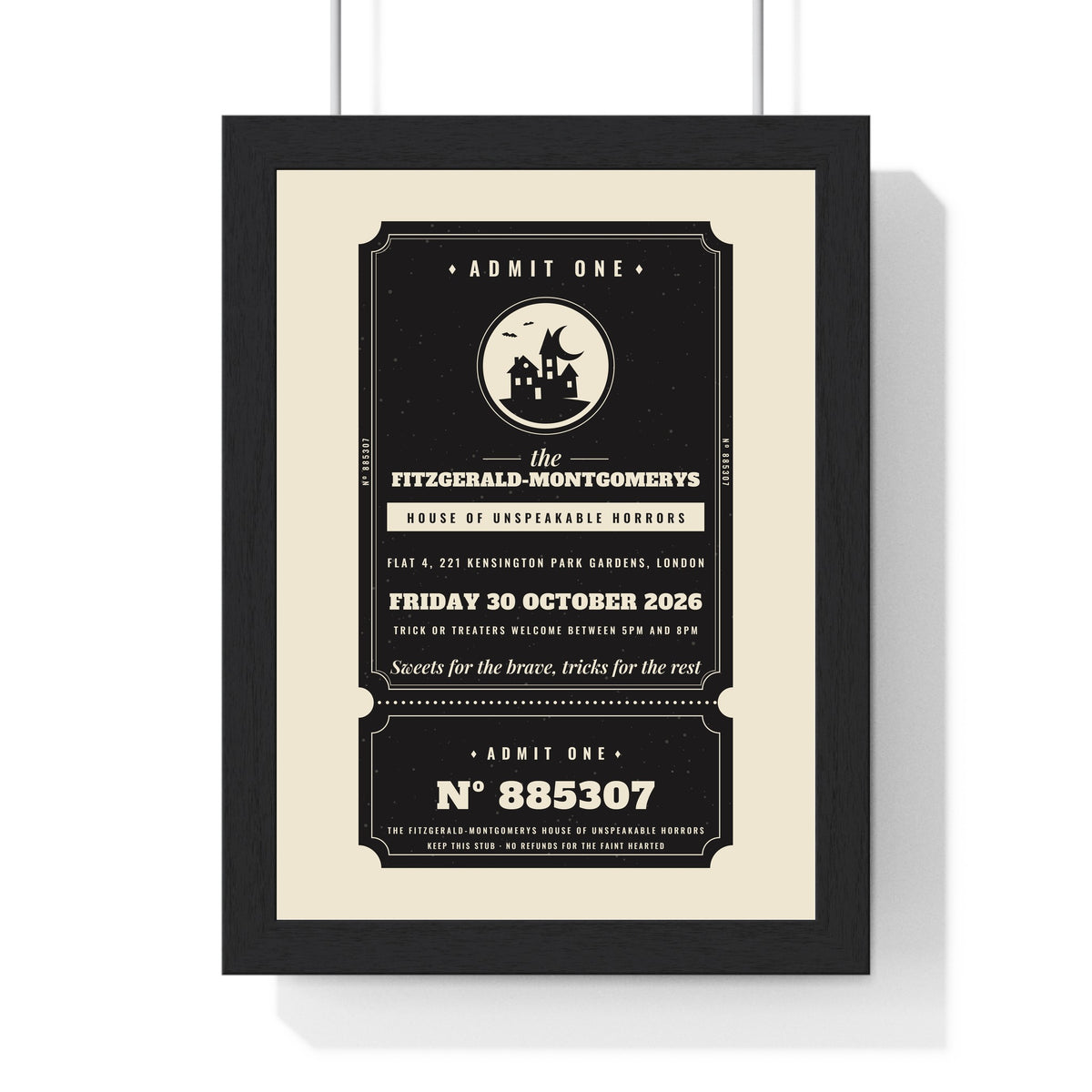 Personalised Haunted House Ticket Print - framed black on cream version