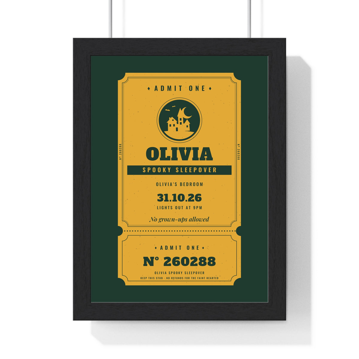 Personalised Haunted House Ticket Print - framed sleepover version in mustard on bottle green
