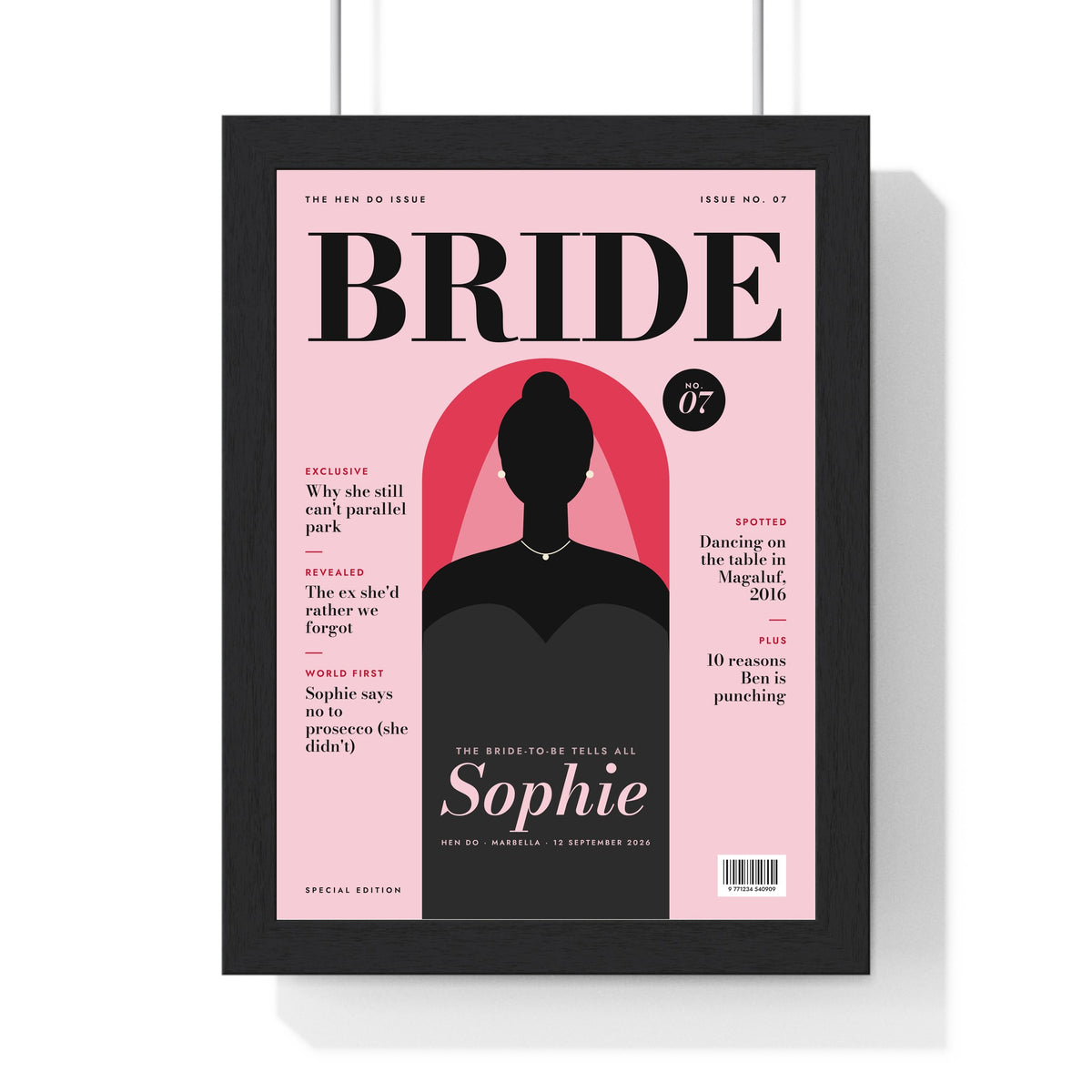 Personalised Hen Do Magazine Cover Print - framed pink BRIDE hen do magazine cover print for Sophie