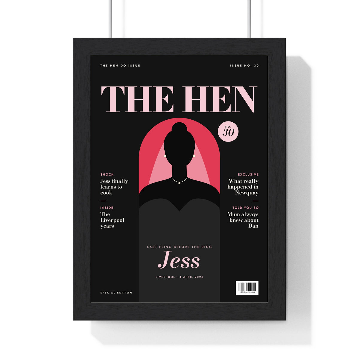 Personalised Hen Do Magazine Cover Print - framed black THE HEN version