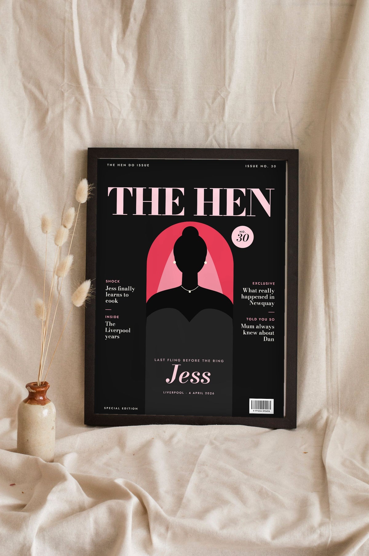 Personalised Hen Do Magazine Cover Print - black THE HEN cover for a Liverpool hen do
