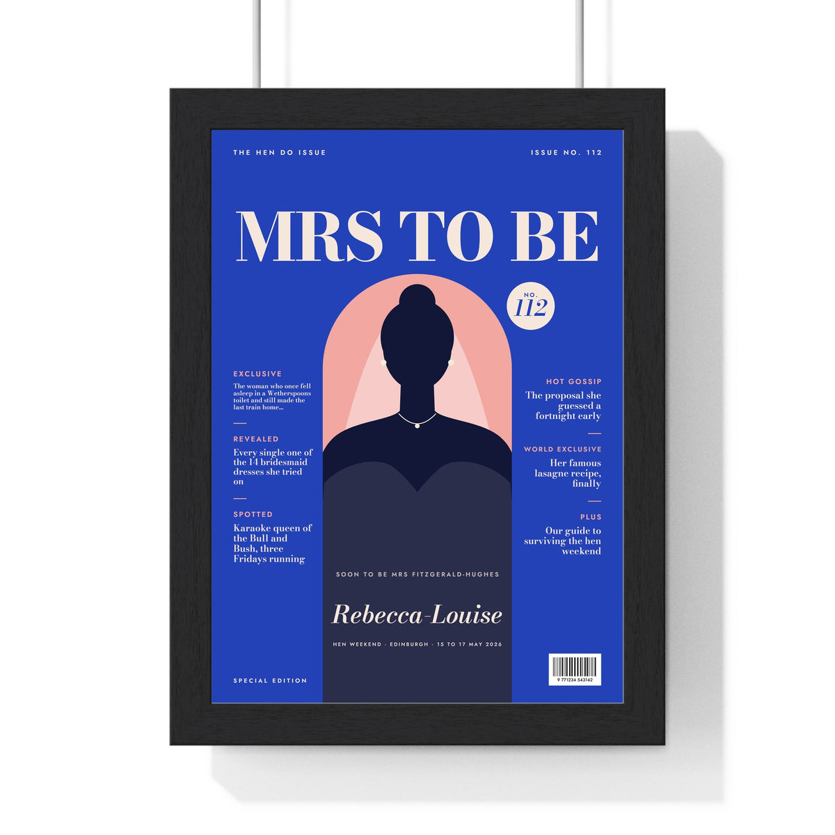 Personalised Hen Do Magazine Cover Print - cobalt MRS TO BE cover with six cover lines