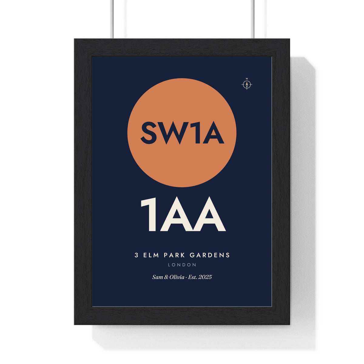 Personalised Home Postcode Print - framed navy sun disc version