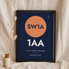 Personalised Home Postcode Print - navy sun disc postcode SW1A 1AA