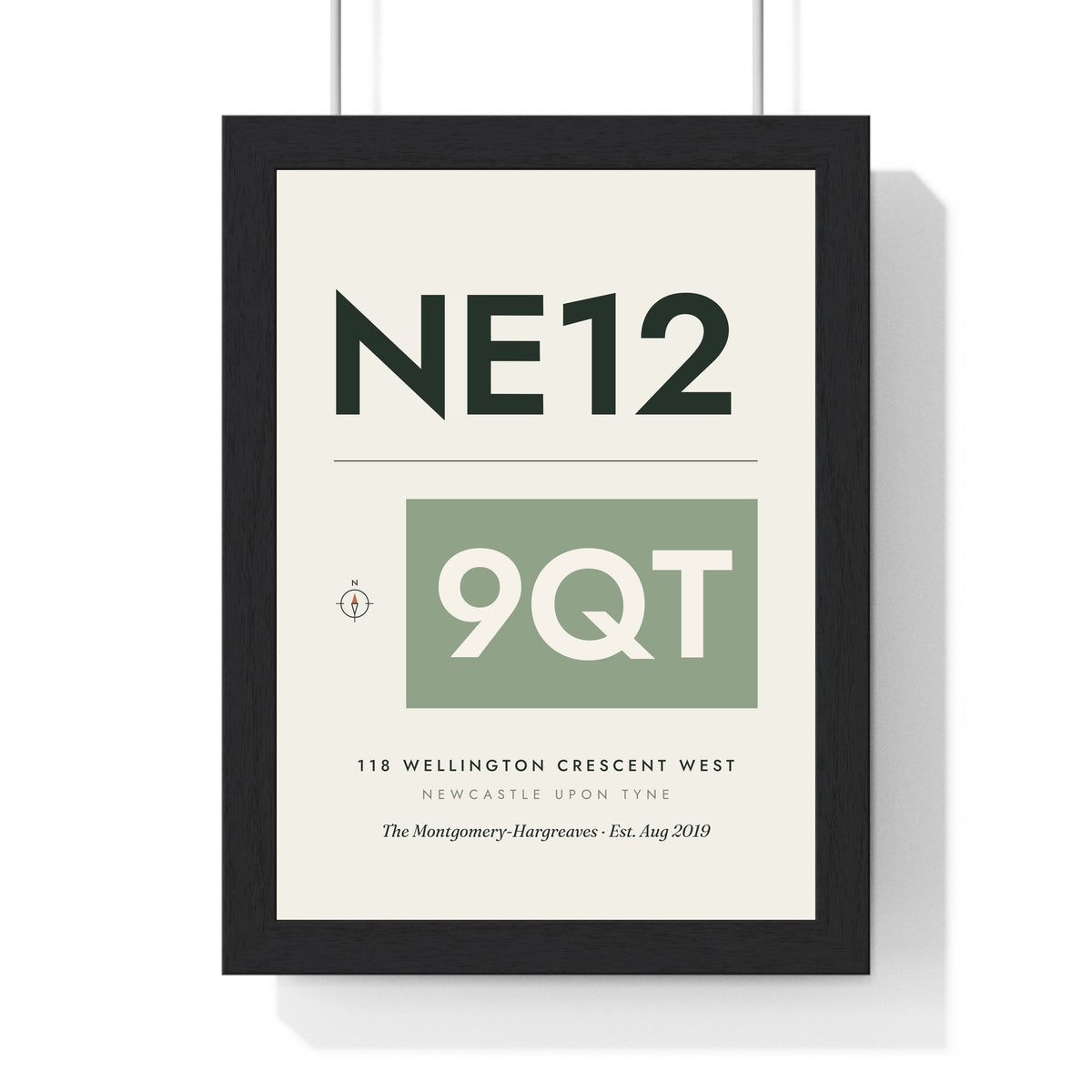 Personalised Home Postcode Print - framed sage offset postcode NE12 9QT