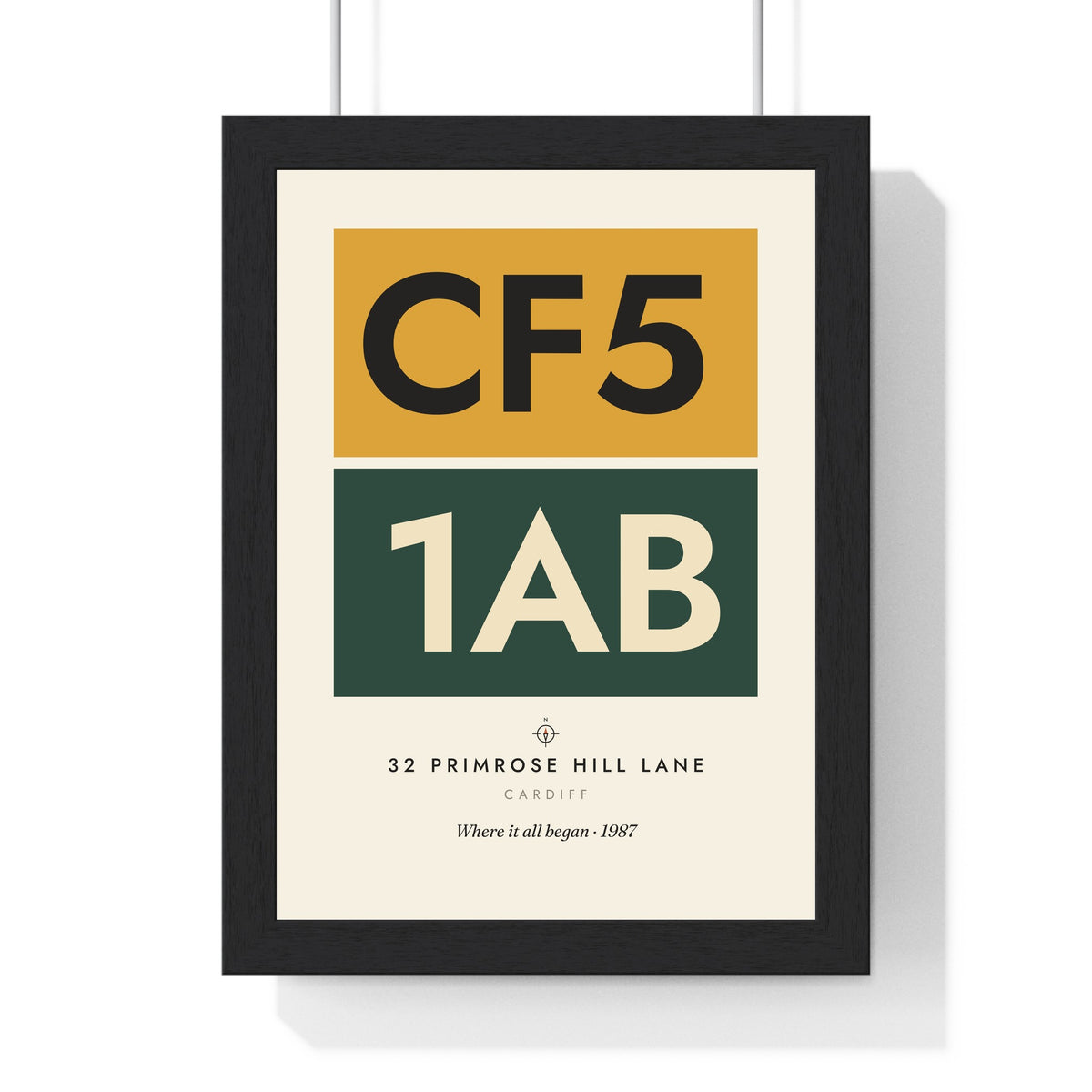 Personalised Home Postcode Print - framed mustard stacked postcode CF5 1AB