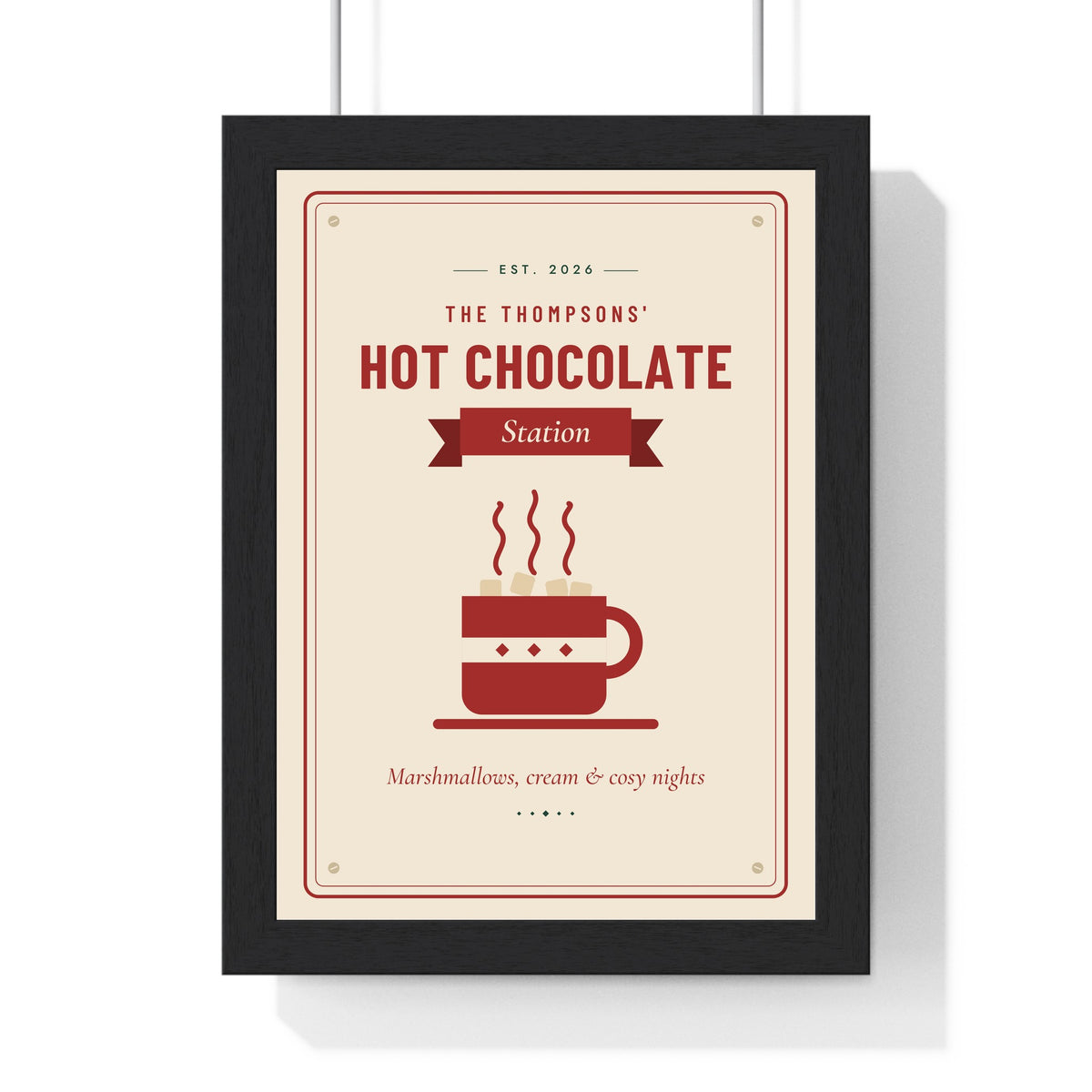 Personalised Hot Chocolate Station Sign Print - framed cream and red hot chocolate station sign print