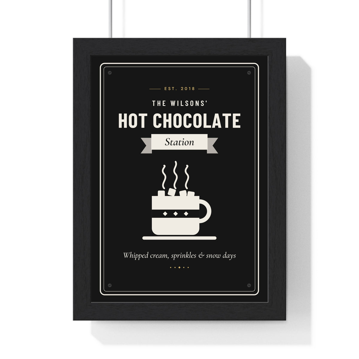 Personalised Hot Chocolate Station Sign Print - framed black and white version