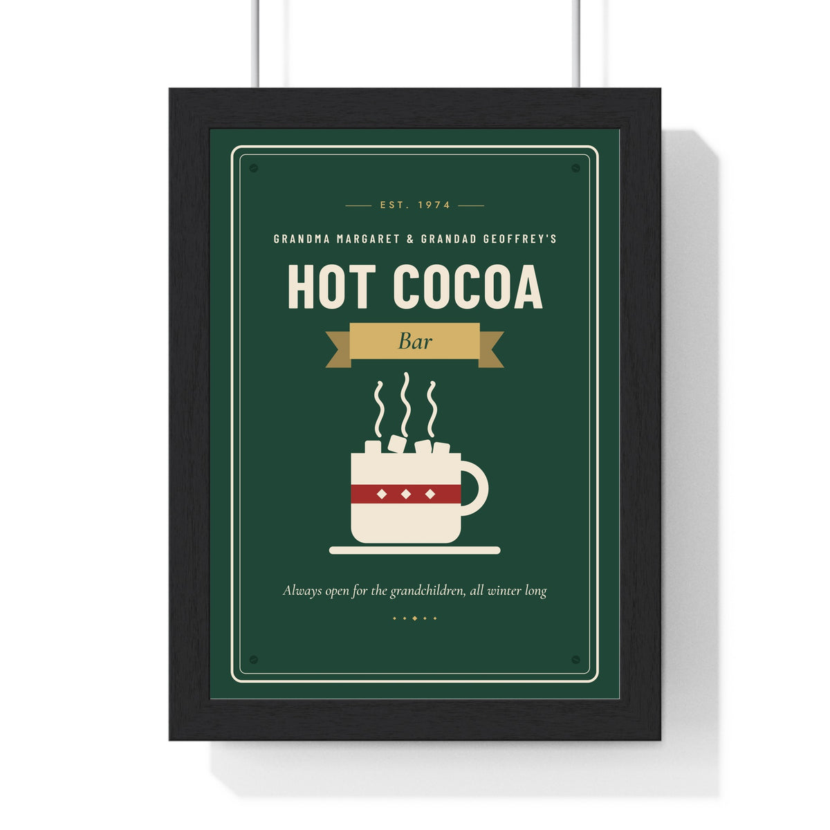 Personalised Hot Chocolate Station Sign Print - framed forest green hot cocoa bar version for grandparents