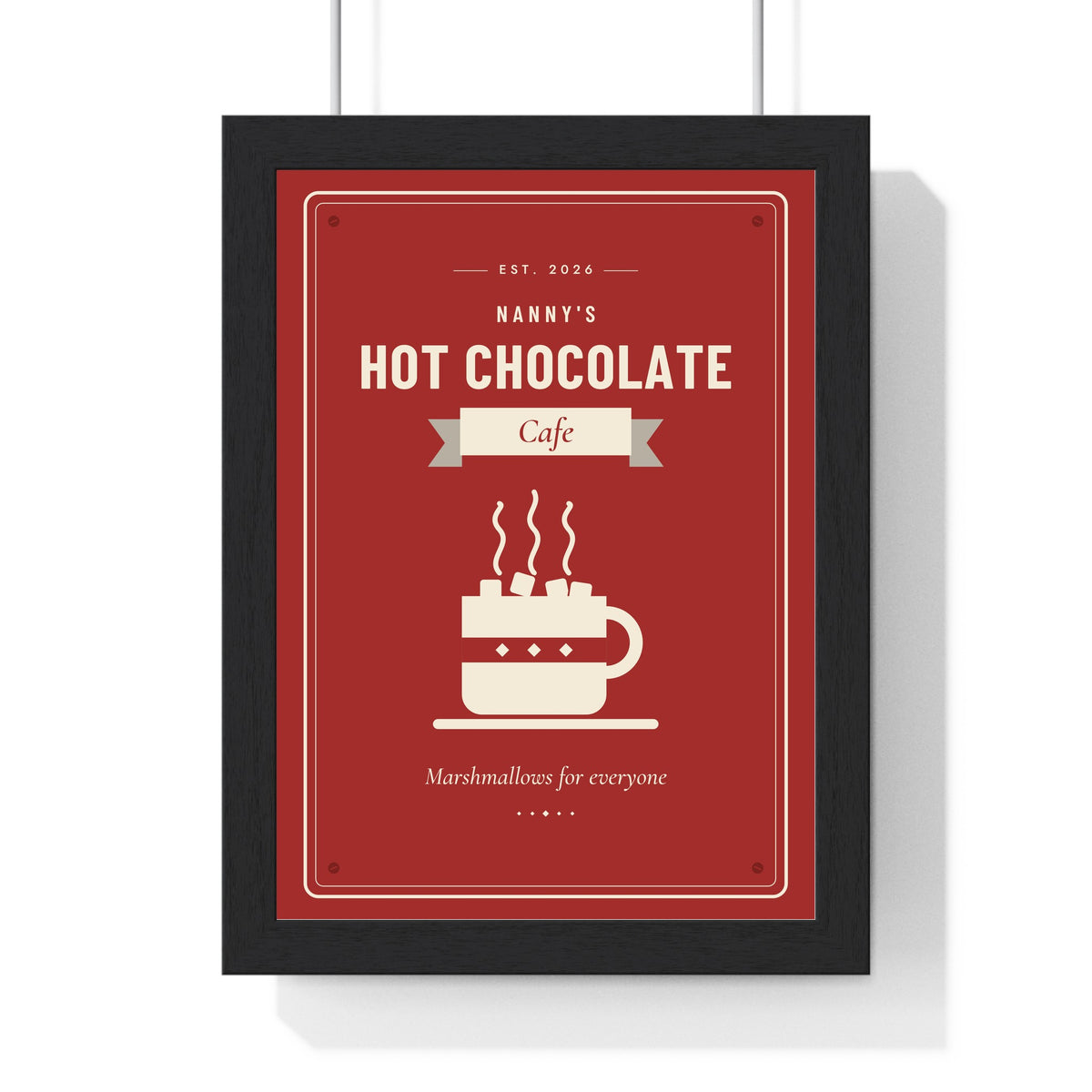 Personalised Hot Chocolate Station Sign Print - framed Christmas red version for Nanny's cafe