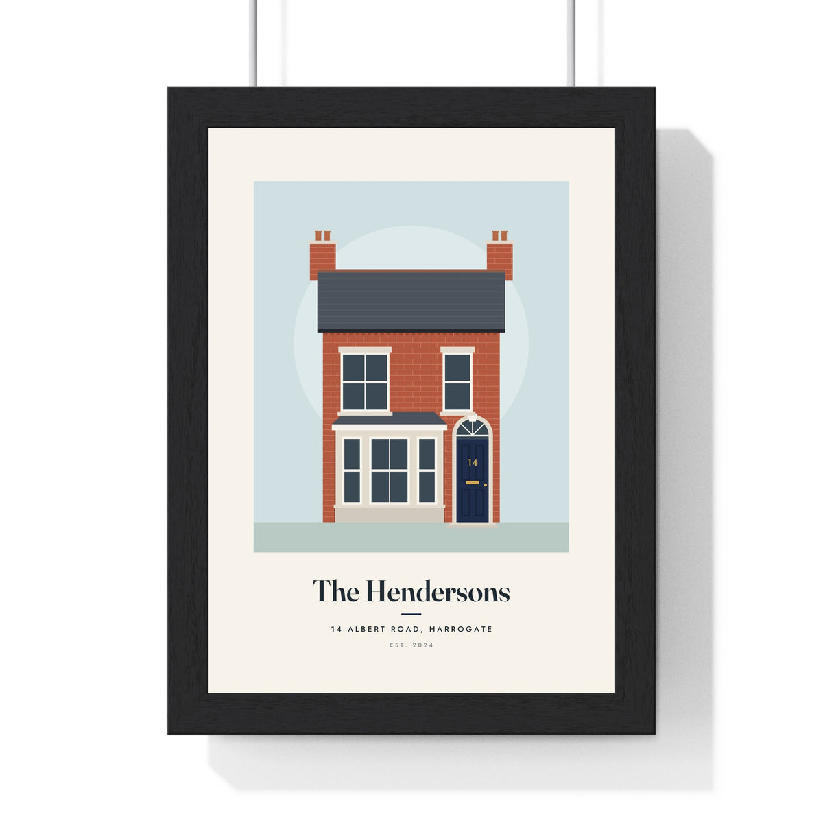 Personalised House Illustration Print - framed Victorian terrace house print with a navy door