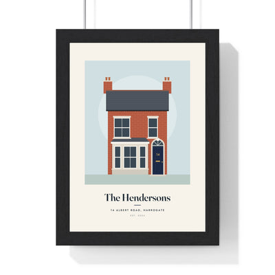 Personalised House Illustration Print - framed Victorian terrace house print with a navy door