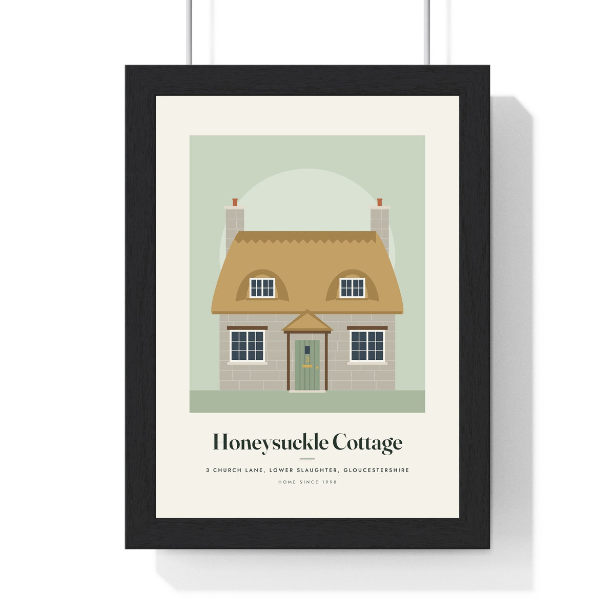 Personalised House Illustration Print - framed stone country cottage on sage