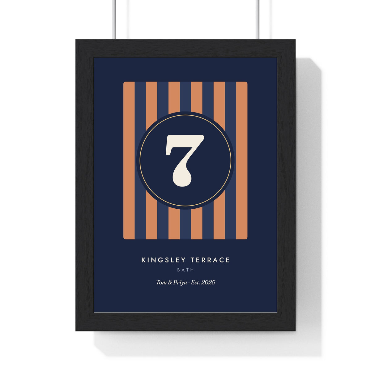 Personalised House Number Print - framed navy striped block version