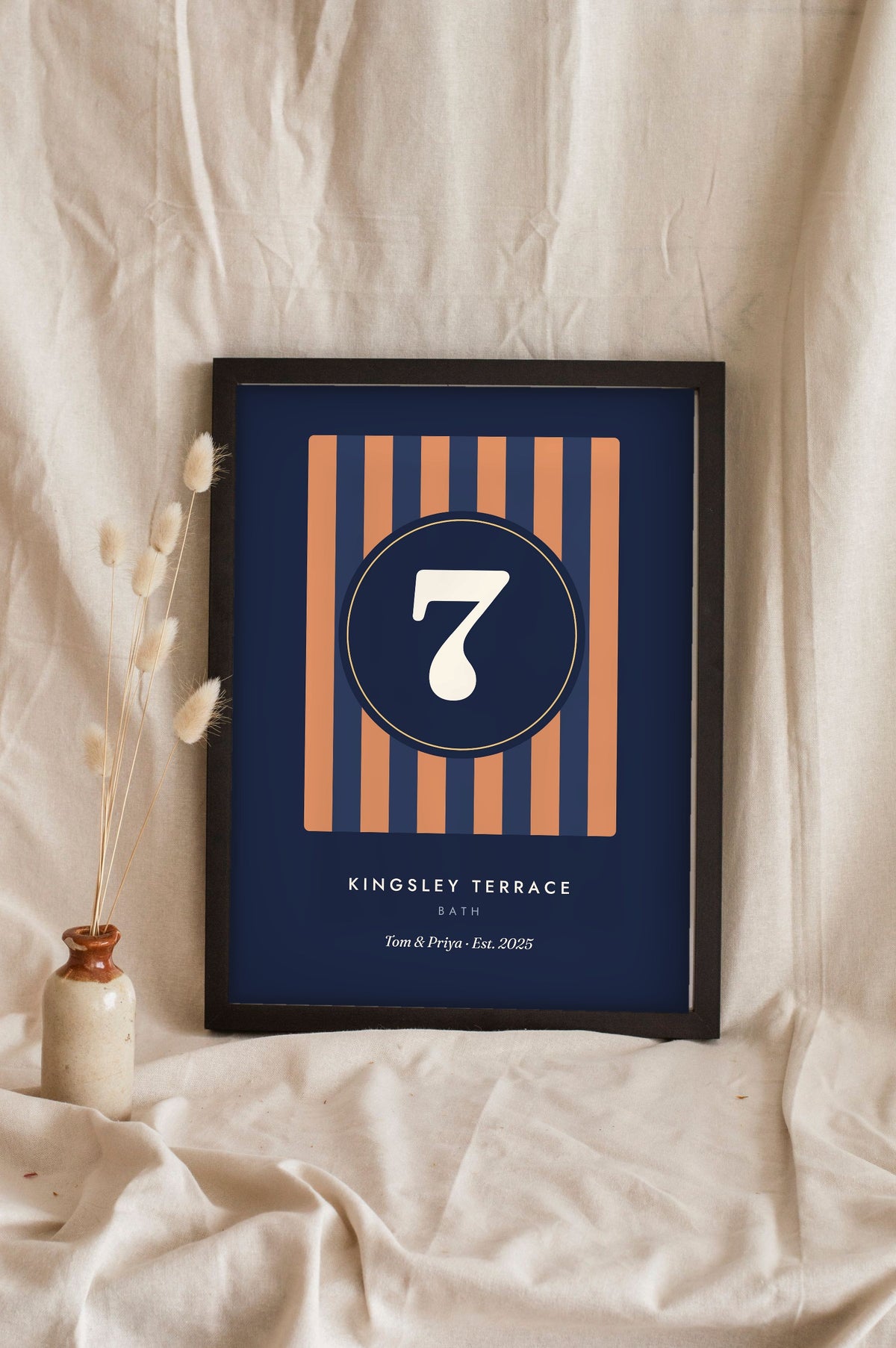 Personalised House Number Print - navy striped block house number 7