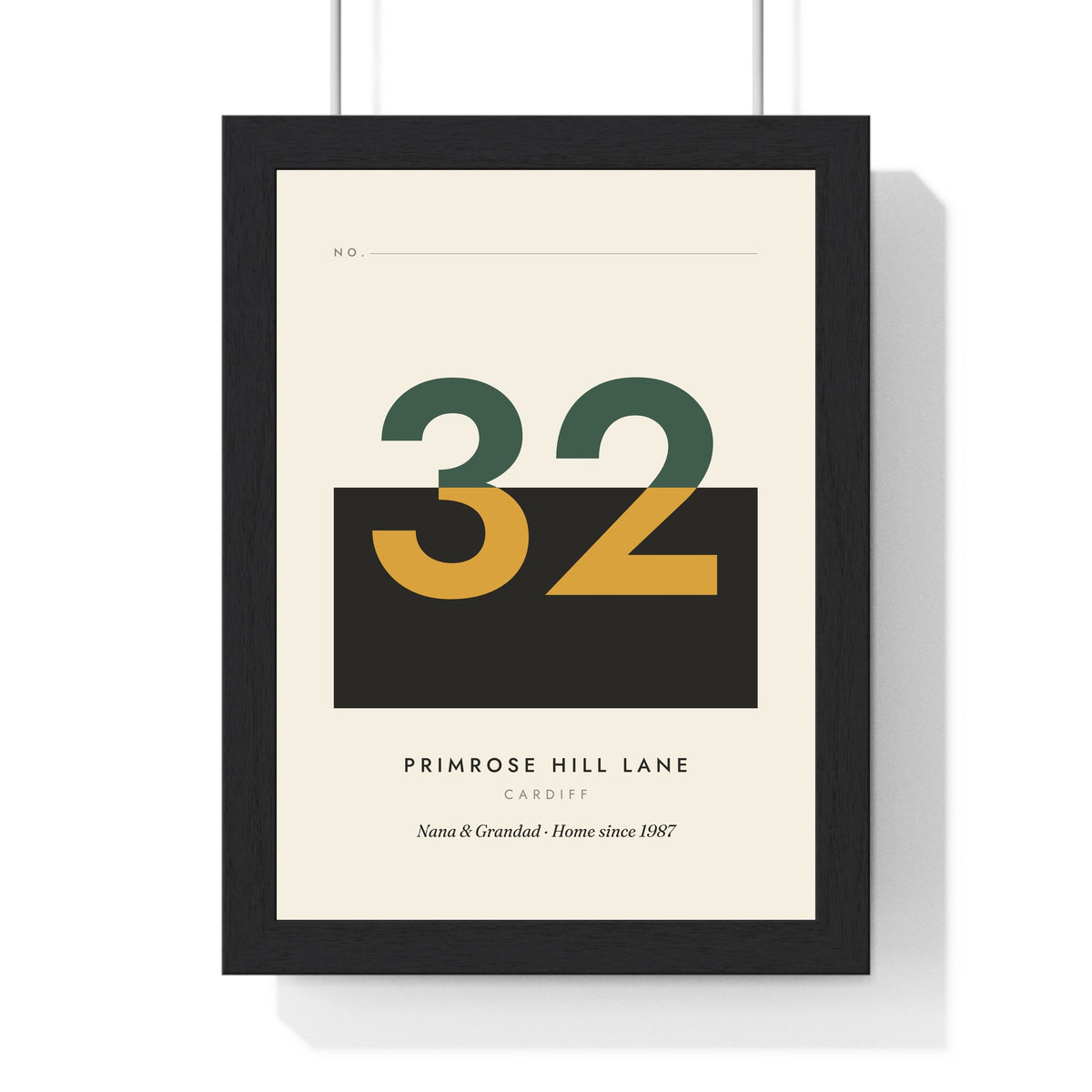 Personalised House Number Print - framed mustard split block house number 32