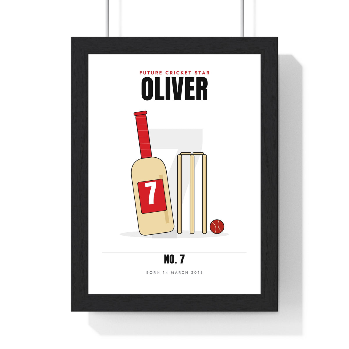 Personalised Kids Cricket Print - framed kids cricket print, a red bat with number 7