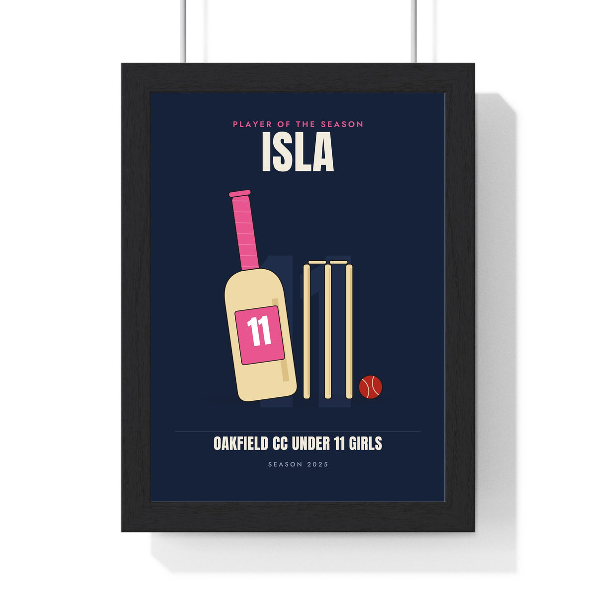 Personalised Kids Cricket Print - framed navy version for an under 11 girls player