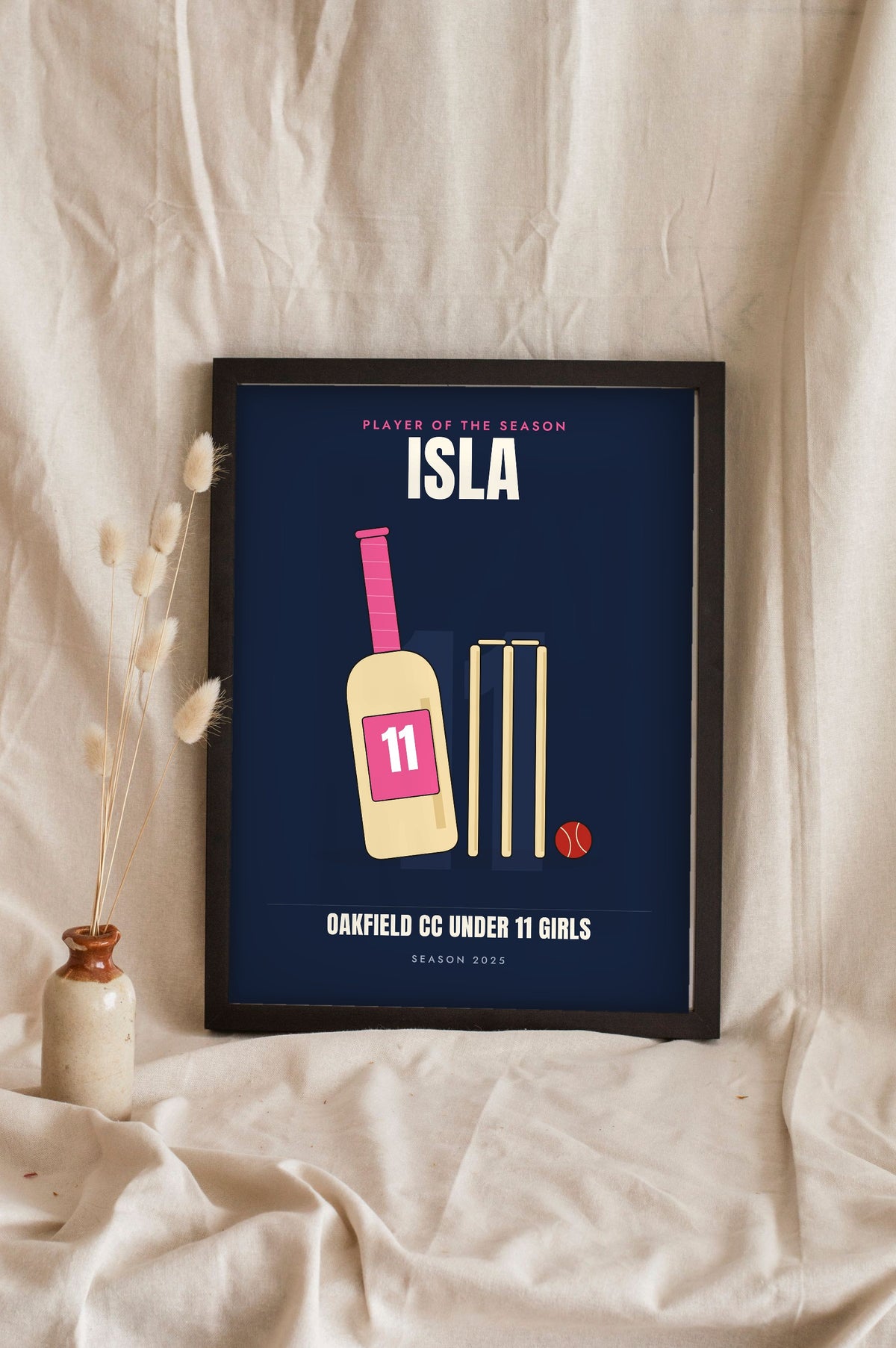 Personalised Kids Cricket Print - navy version with a pink bat, player of the season