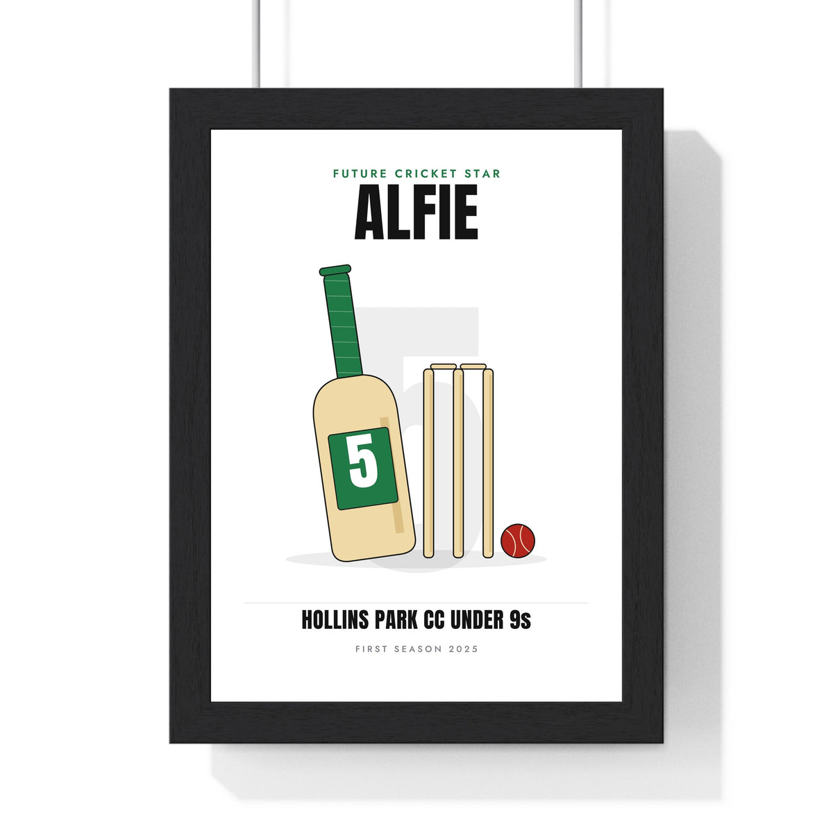 Personalised Kids Cricket Print - framed white version with a green bat and club name