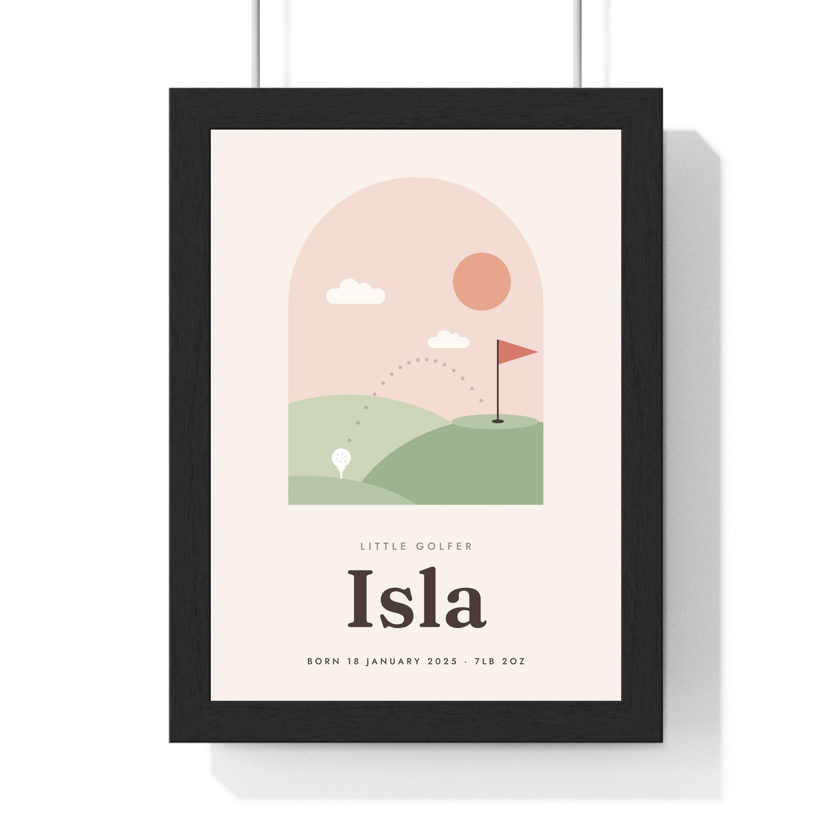Personalised Kids Golf Print - framed blush version for baby Isla