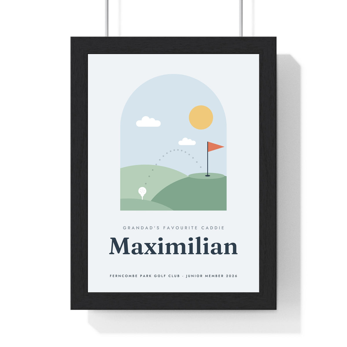 Personalised Kids Golf Print - framed sky blue version for Maximilian