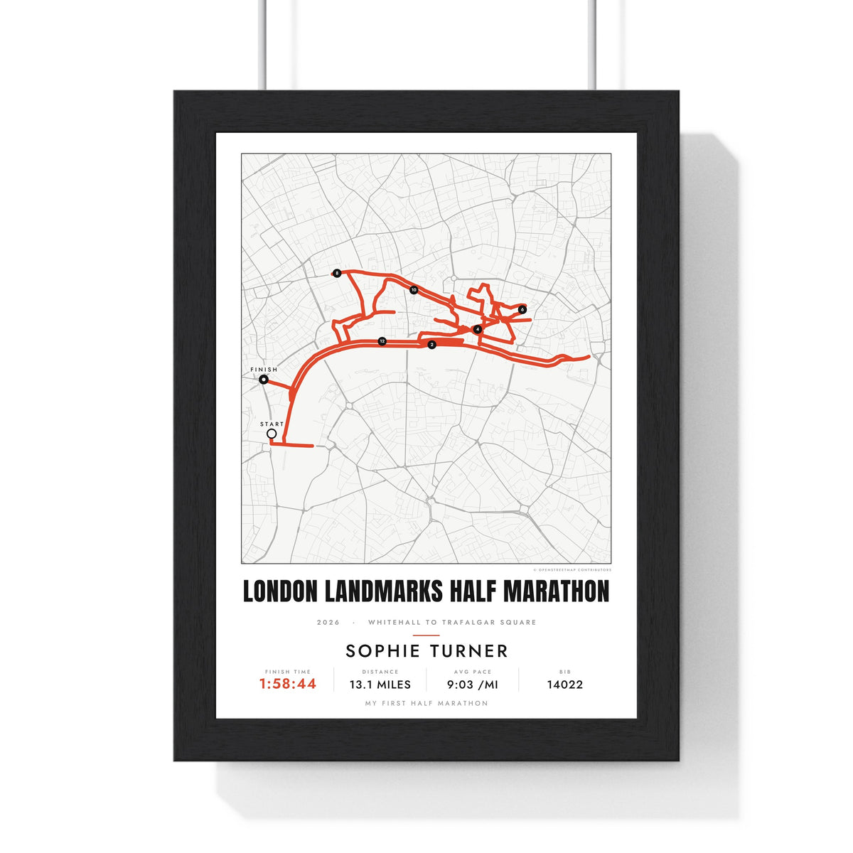Personalised London Landmarks Half Marathon Print - framed street map London Landmarks Half Marathon route print with name and finish time