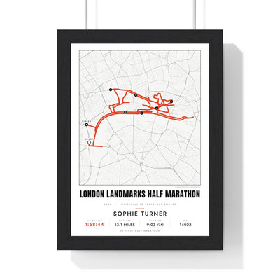 Personalised London Landmarks Half Marathon Print - framed street map London Landmarks Half Marathon route print with name and finish time
