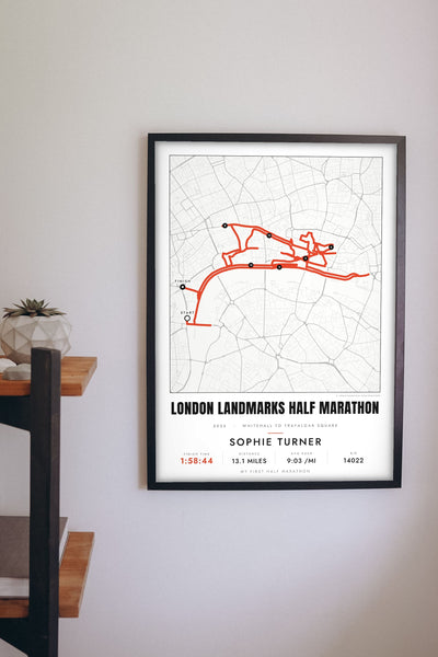 Personalised London Landmarks Half Marathon Print - London Landmarks Half Marathon route print on the hallway wall
