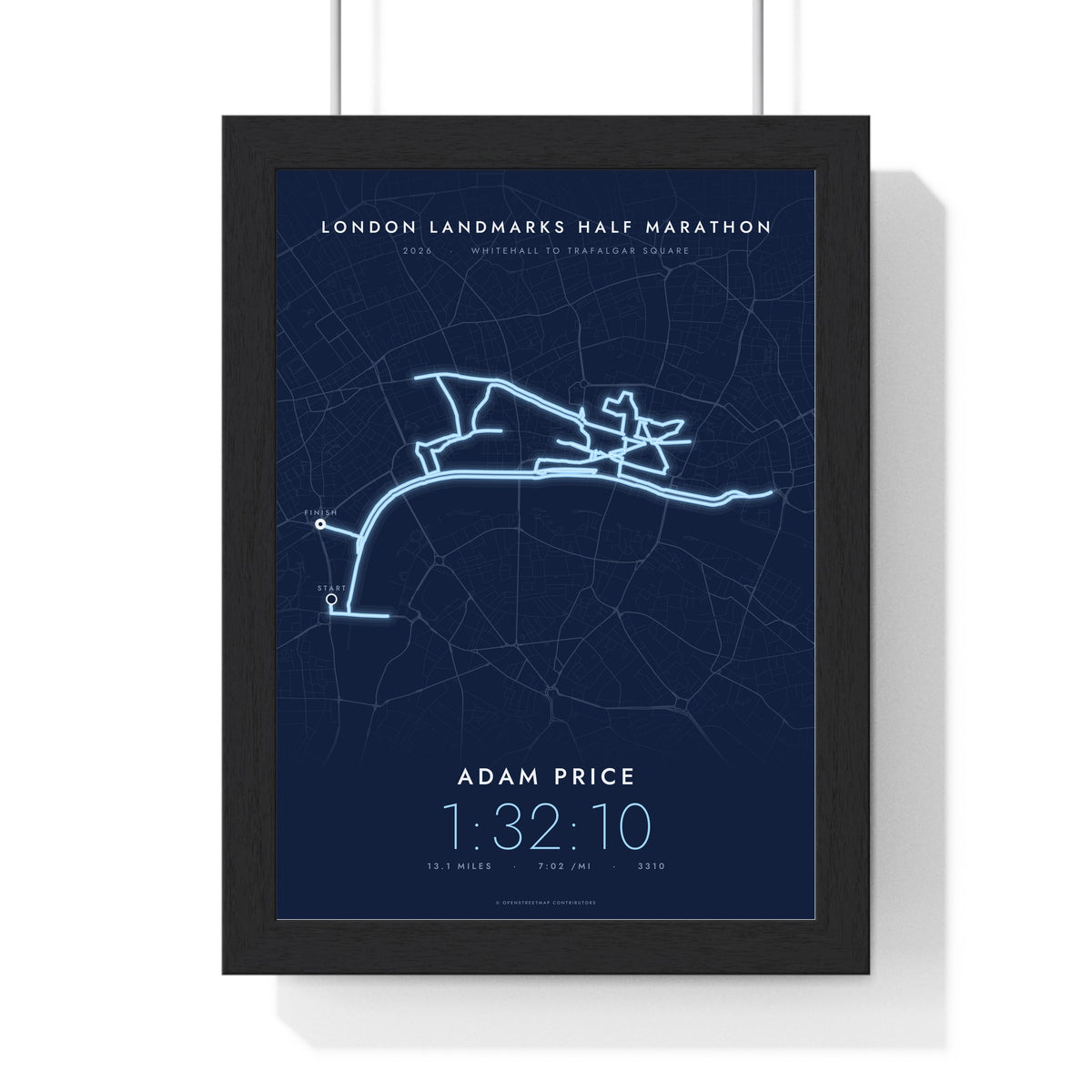 Personalised London Landmarks Half Marathon Print - framed night style London Landmarks Half Marathon route print
