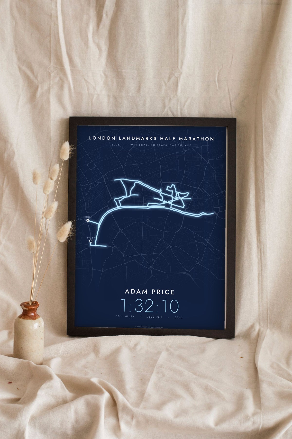 Personalised London Landmarks Half Marathon Print - night style London Landmarks Half Marathon print, the course glowing on a dark ground