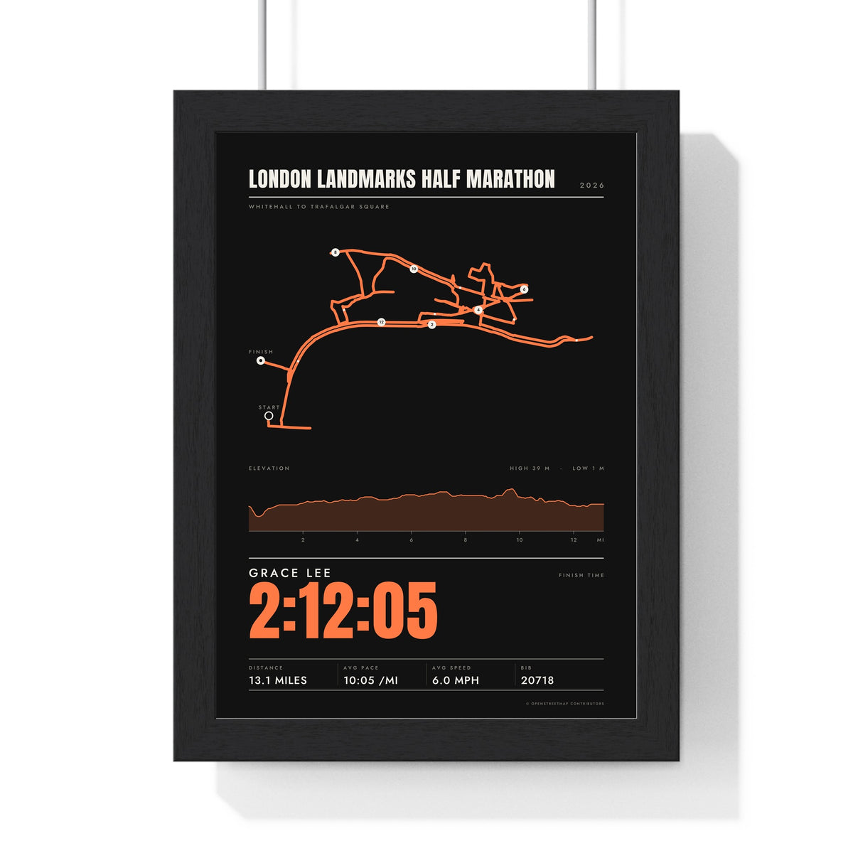 Personalised London Landmarks Half Marathon Print - framed stats style London Landmarks Half Marathon print with elevation profile