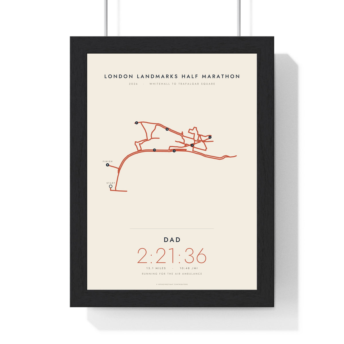 Personalised London Landmarks Half Marathon Print - framed minimal London Landmarks Half Marathon route print