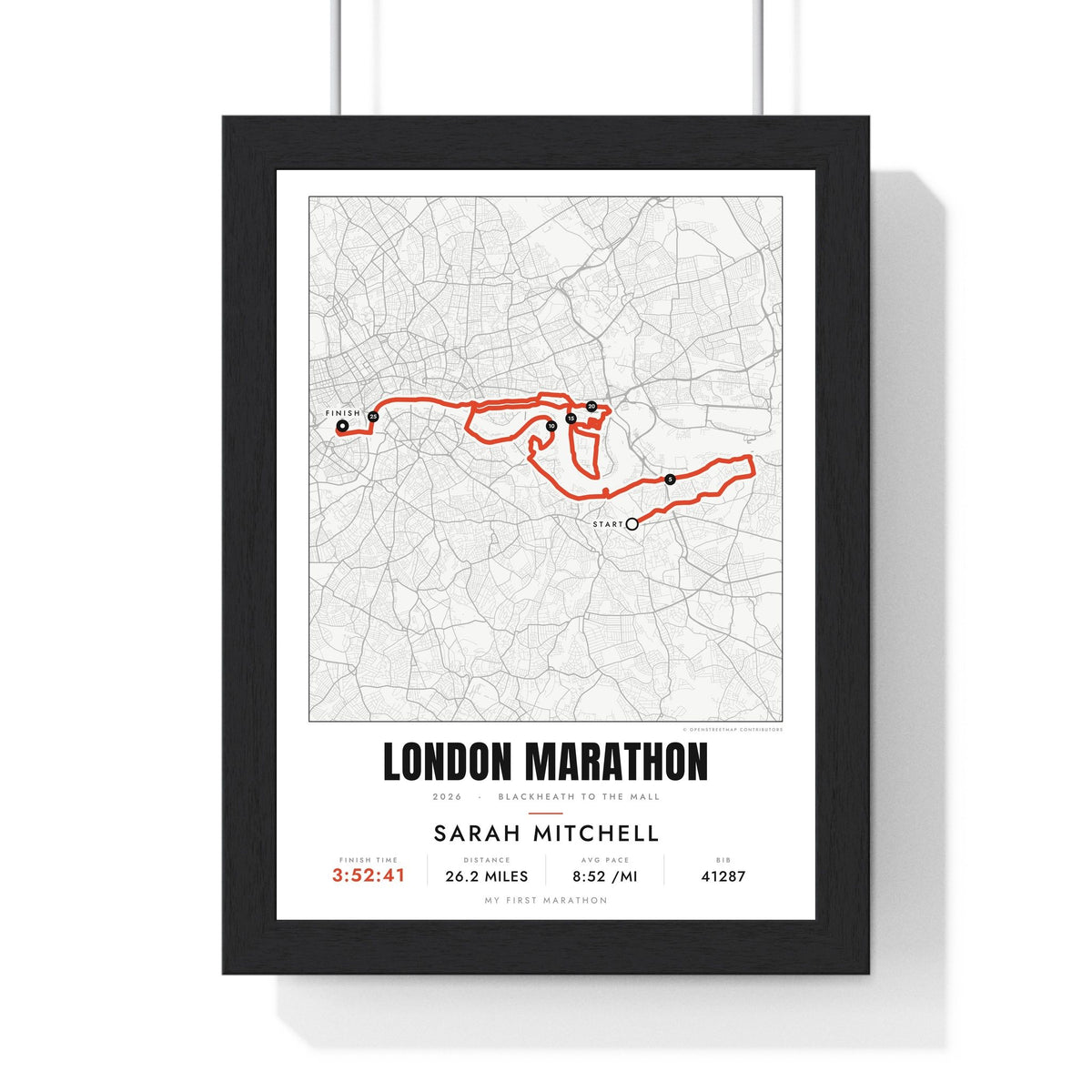 Personalised London Marathon Print - framed street map London Marathon route print with name and finish time