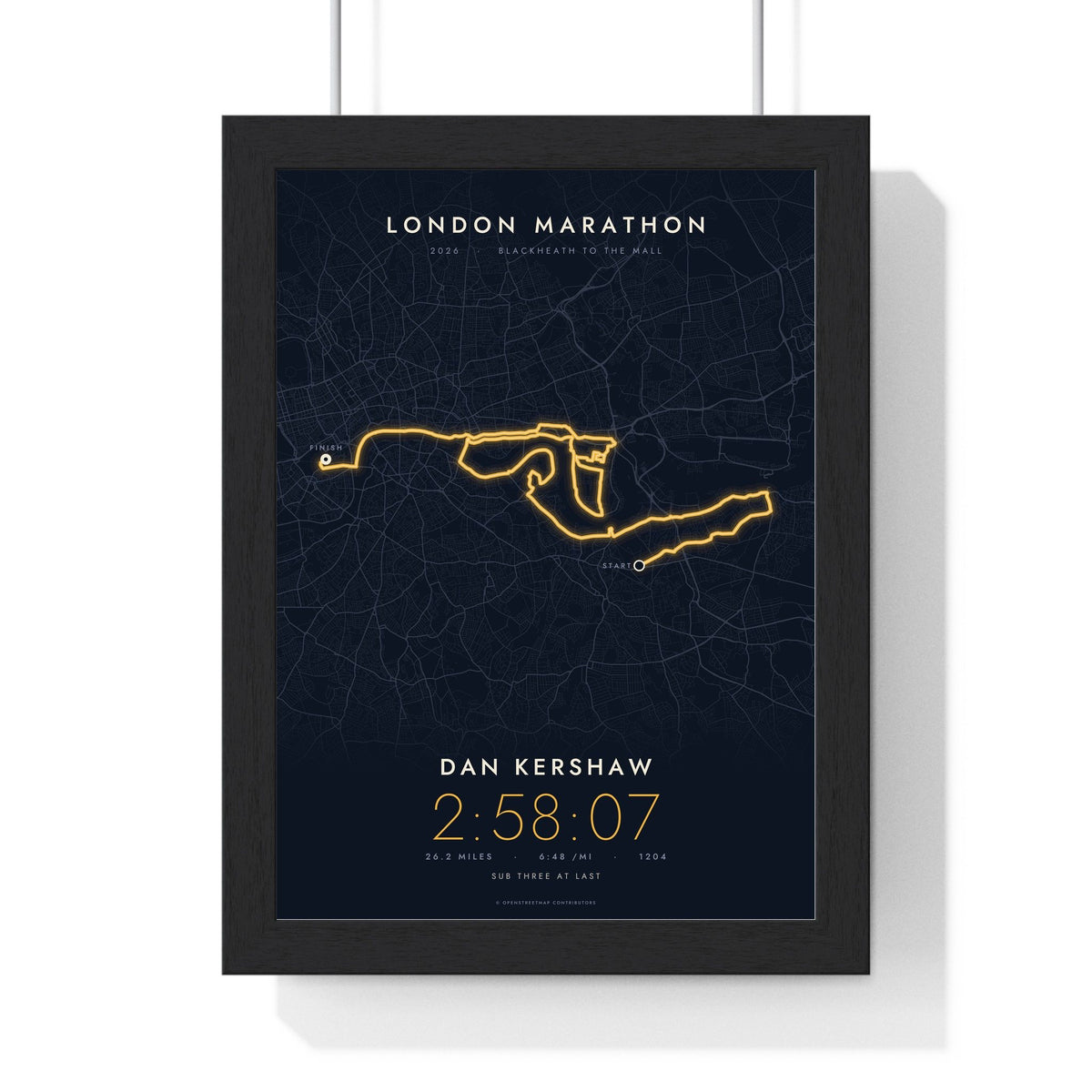 Personalised London Marathon Print - framed night style London Marathon route print
