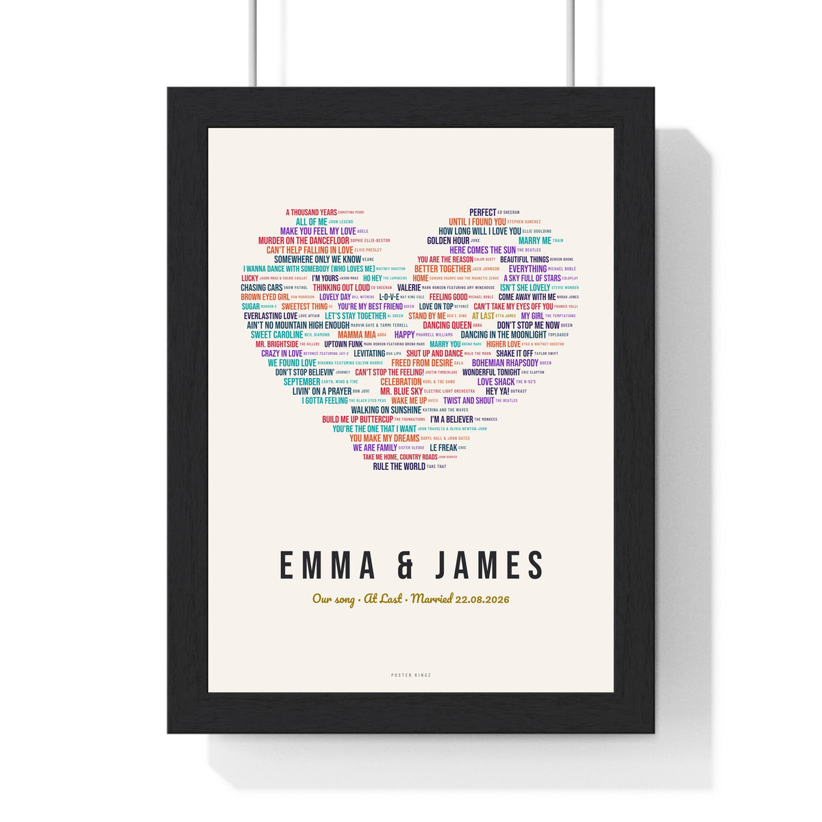 Personalised Love Songs Print - framed cream wedding songs heart print