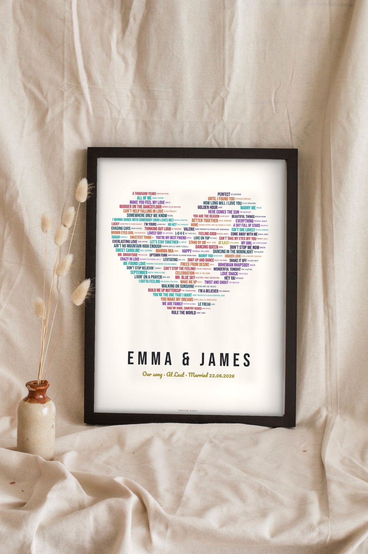 Personalised Love Songs Print - cream wedding songs heart print with At Last in gold