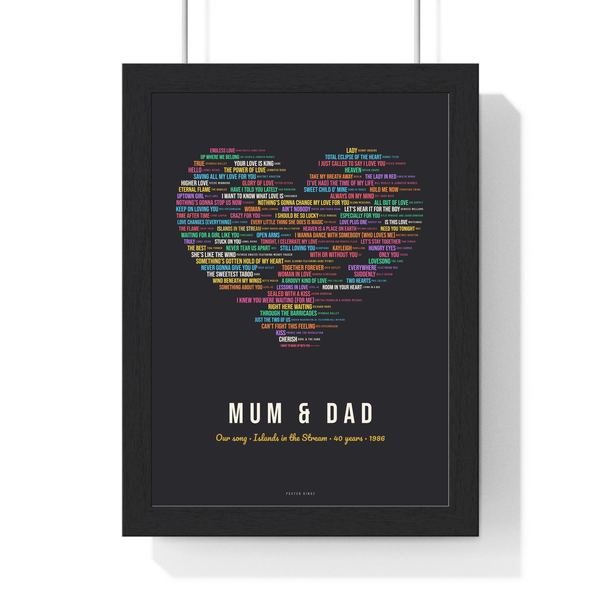 Personalised Love Songs Print - framed 80s love songs heart print for Mum and Dad