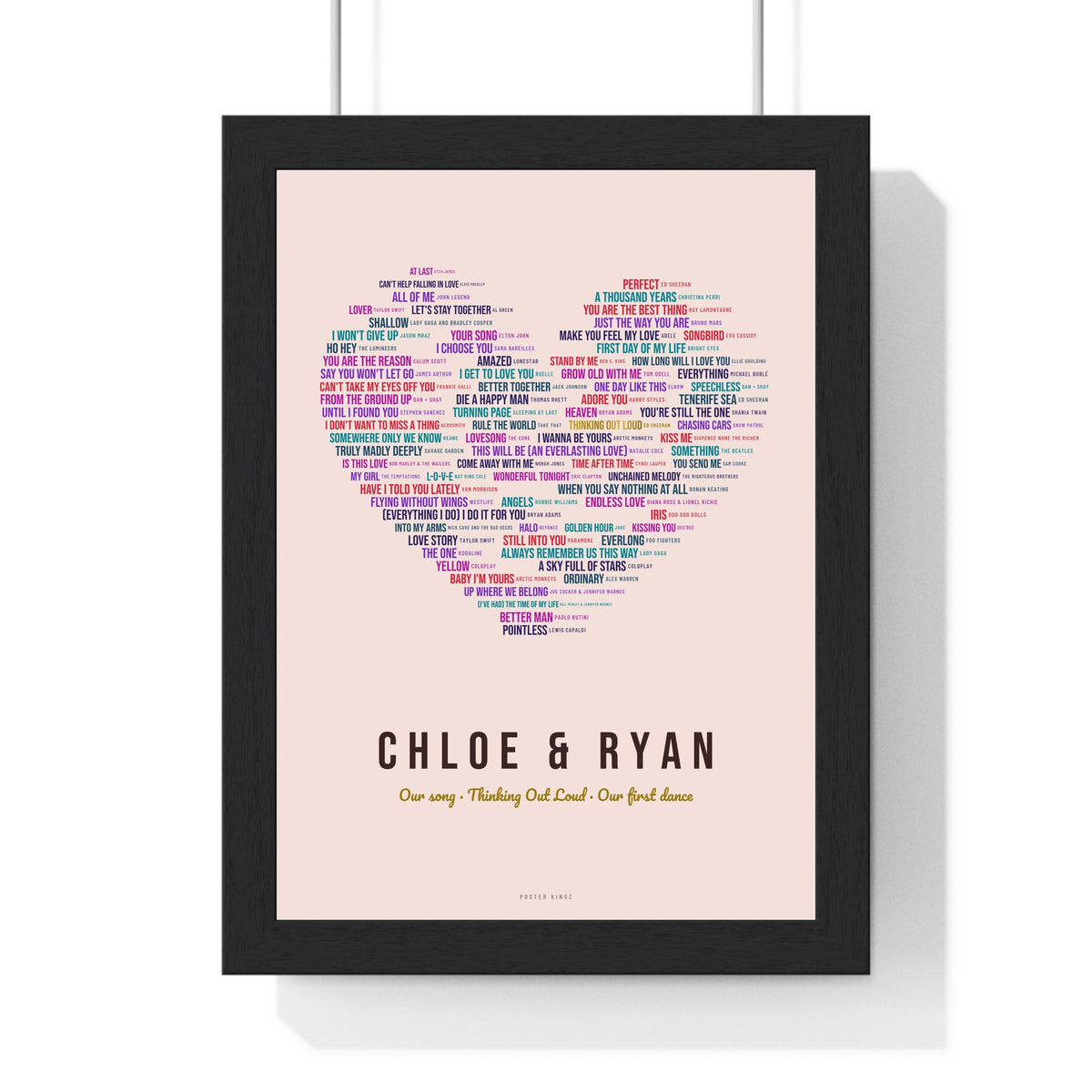 Personalised Love Songs Print - framed blush first dance songs heart print