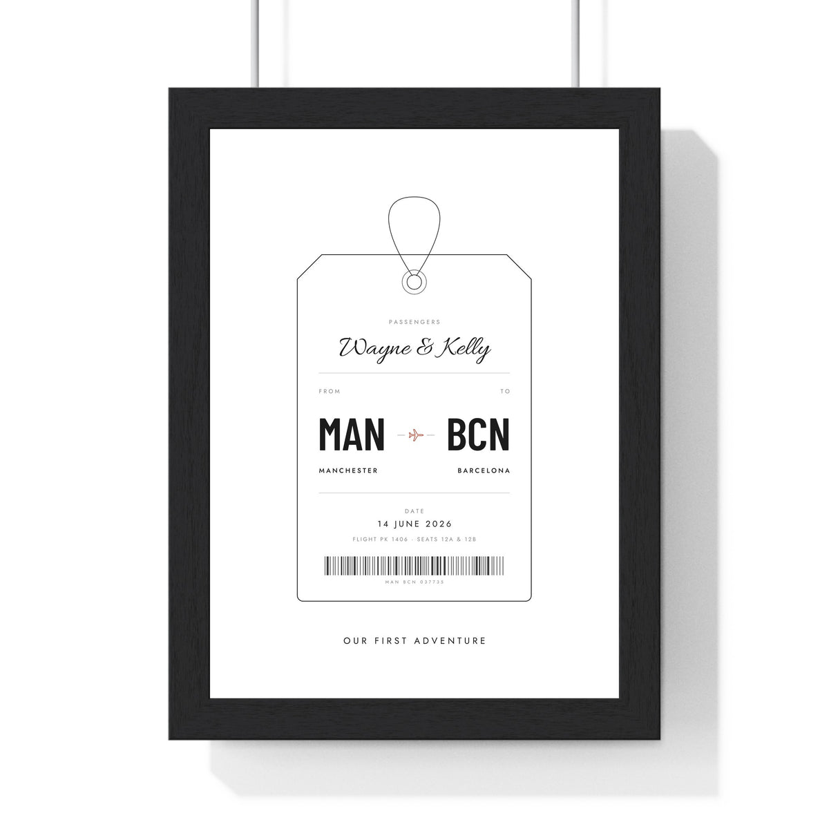 Personalised Luggage Tag Print - framed white Manchester to Barcelona tag