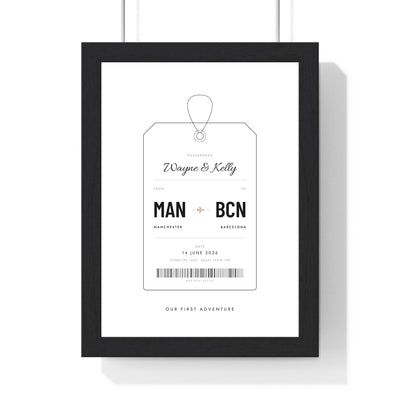 Personalised Luggage Tag Print - framed white Manchester to Barcelona tag