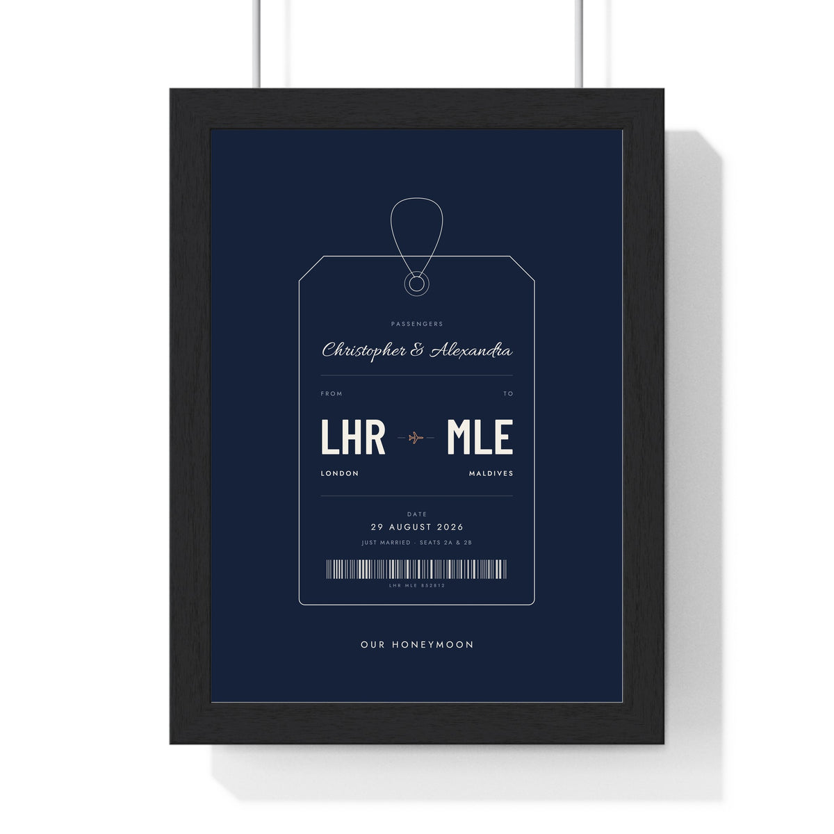 Personalised Luggage Tag Print - framed navy honeymoon version