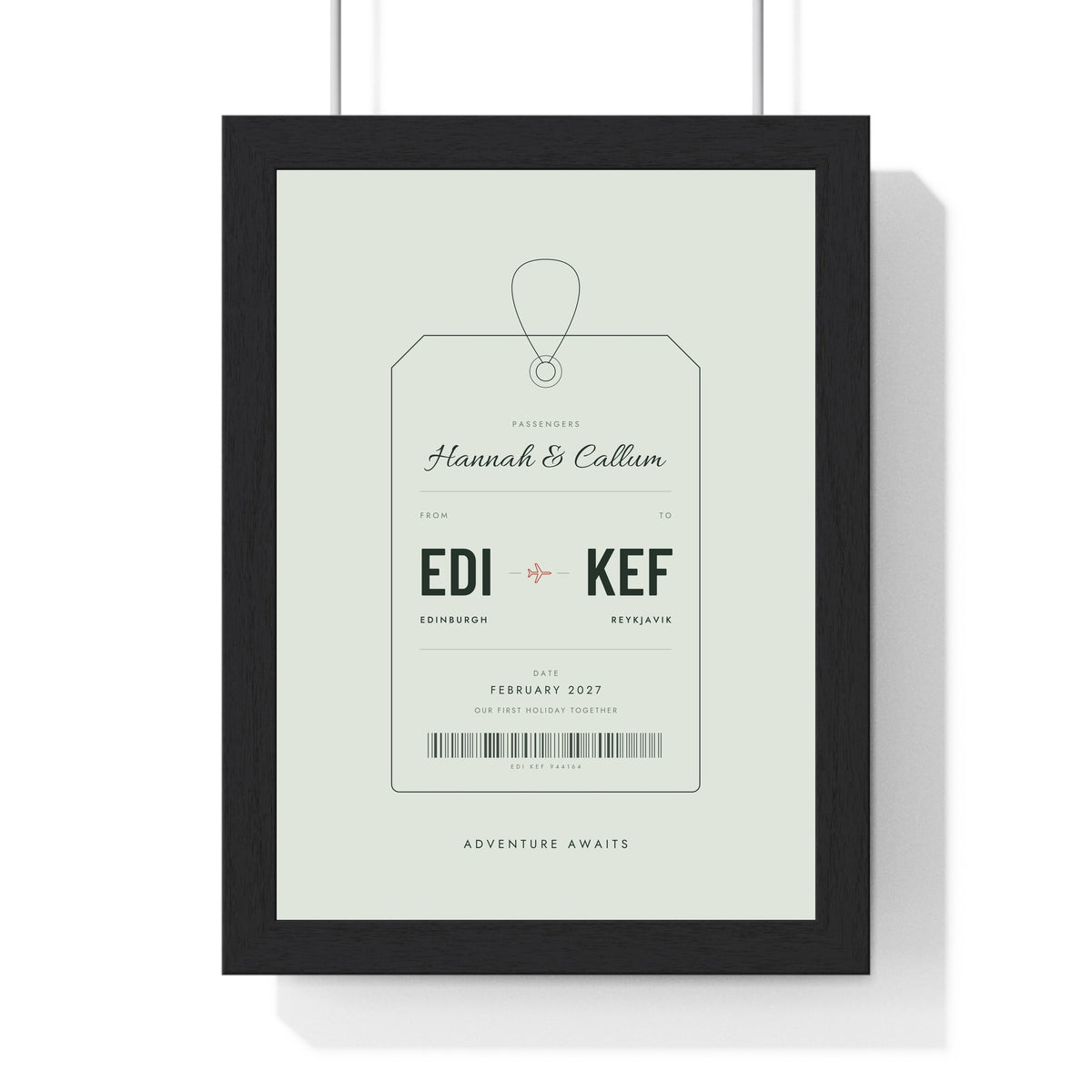 Personalised Luggage Tag Print - framed sage Edinburgh to Reykjavik version