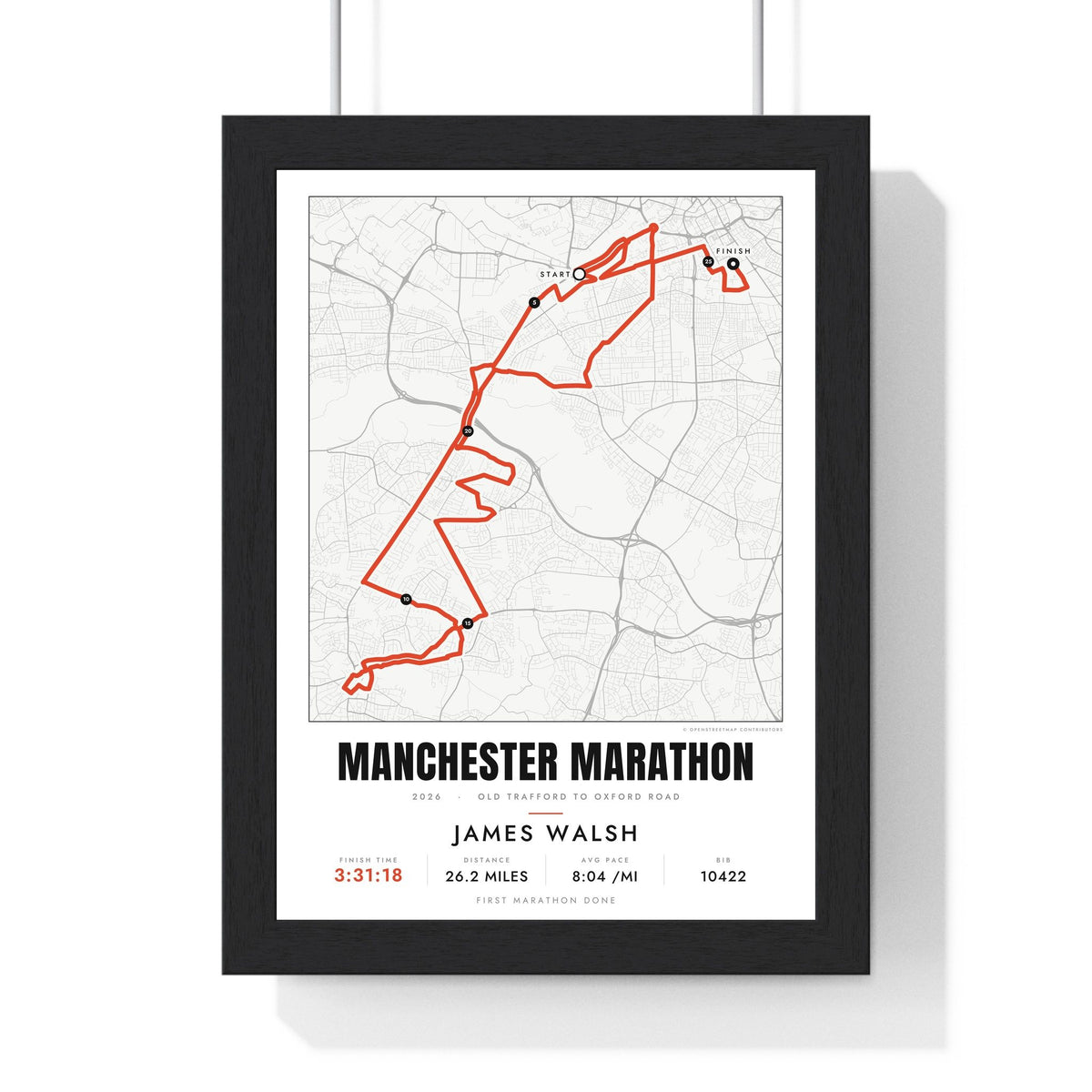 Personalised Manchester Marathon Print - framed street map Manchester Marathon route print with name and finish time