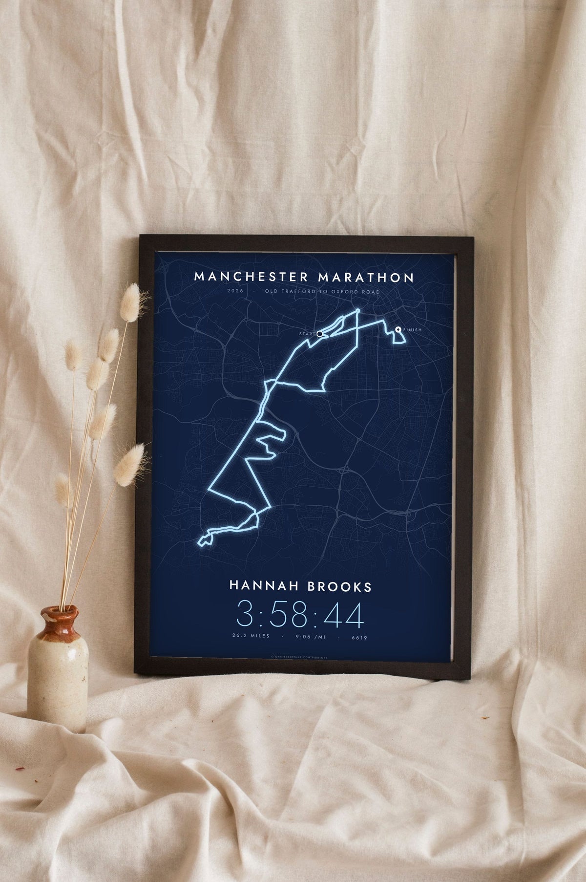 Personalised Manchester Marathon Print - night style Manchester Marathon print, the course glowing on a dark ground