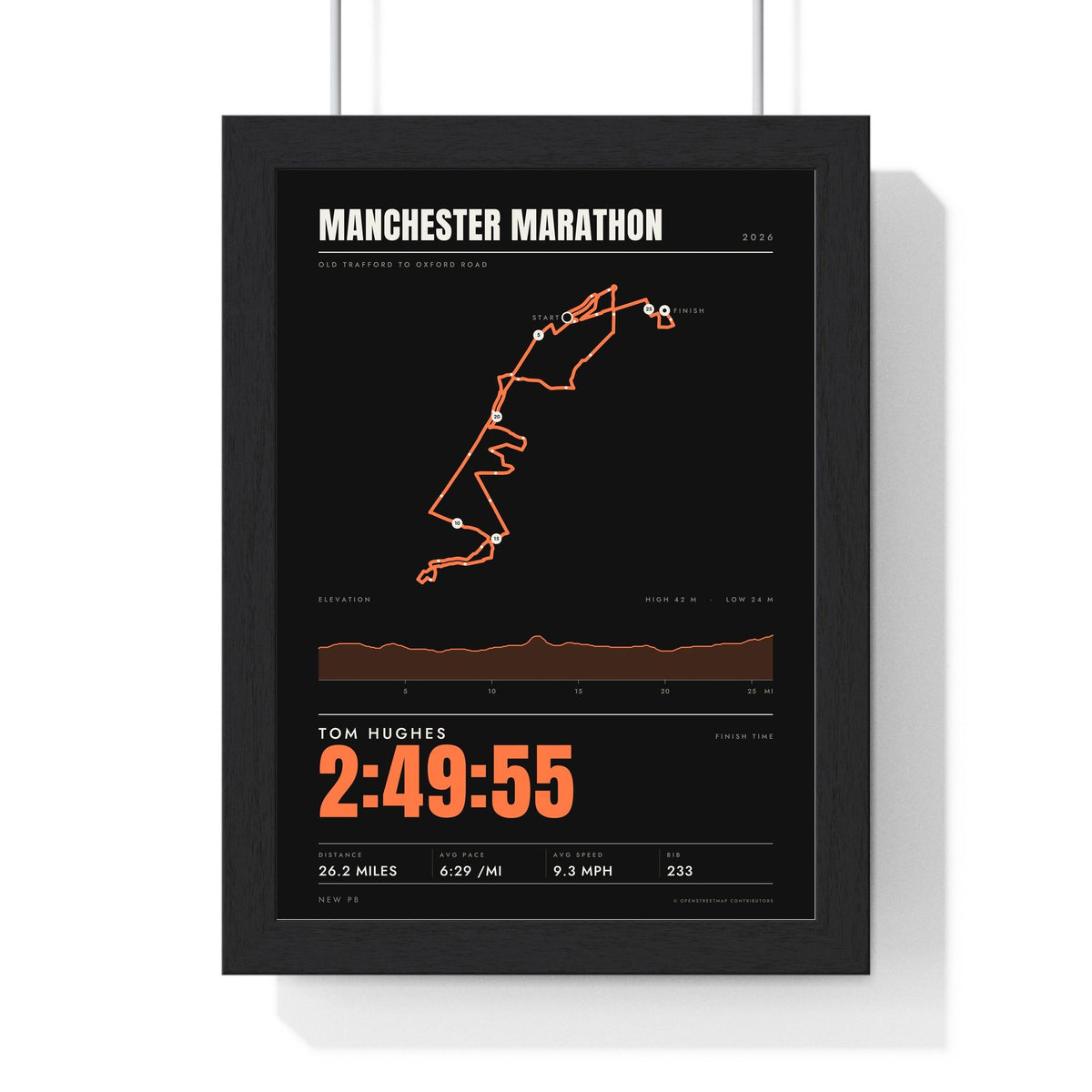 Personalised Manchester Marathon Print - framed stats style Manchester Marathon print with elevation profile