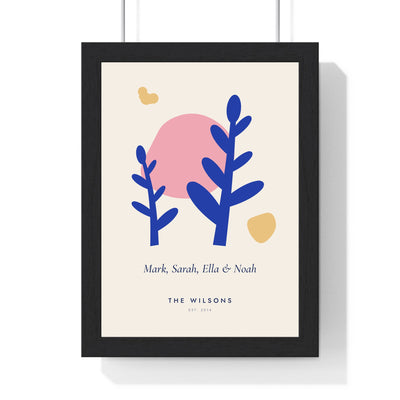 Personalised Matisse Cut-Out Family Print - framed cobalt and pink cut-out family print for The Wilsons